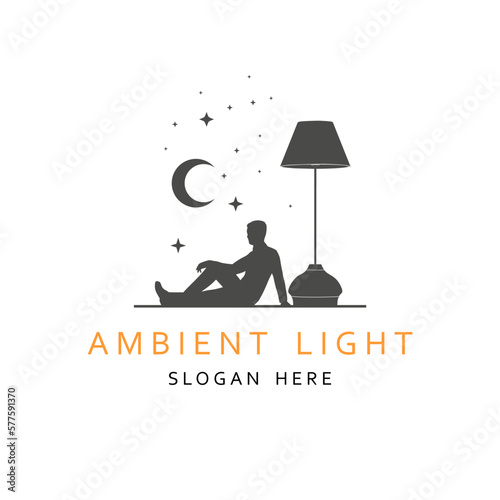 Floor lamp logo. Template of electric torchere for interior design, energy furniture business branding. Home equipment in modern style. Businessman relaxing near torchere. Crescent moon and stars