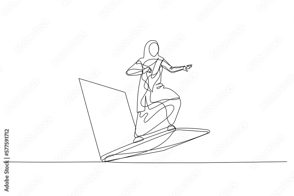 Drawing of muslim woman riding laptop. metaphor for technology used in business. One line style art
