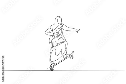Drawing of muslim woman stand and moving with skateboard. metaphor for business style. One continuous line art style