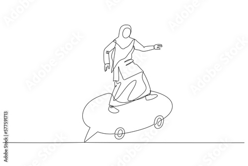 Cartoon of muslim woman riding speech bubble skate using megaphone. metaphor for communication. Single line art style