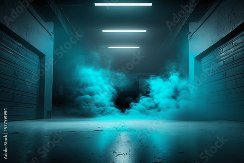 Neon blue lit empty warehouse scene with clouds of smoke rising from the floor with spotlighting coming from above and a reflective floor grunge texture, Ai generated