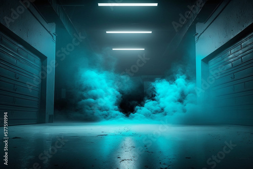 Neon blue lit empty warehouse scene with clouds of smoke  rising from the floor with spotlighting coming from above and a reflective floor grunge texture, Ai generated photo