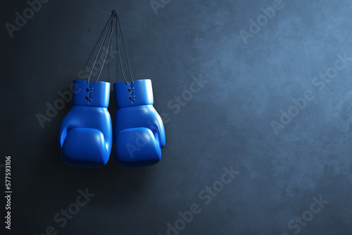 Blue boxing gloves hanging 3d illustration