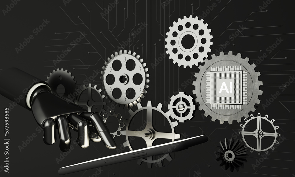 Artificial intelligence (AI) data mining, deep learning computer technologies. Futuristic Cyber Technology Innovation. Brain representing artificial intelligence with cog gear dark tone. 3d rendering Artificial intelligence (AI) data mining, deep learning computer technologies. Futuristic Cyber Technology Innovation. Brain representing artificial intelligence with cog gear dark tone. 3d rendering
