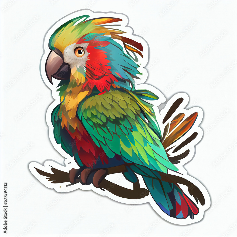 Obraz premium Parrot with colorful feathers cute sticker, created with Generative AI technology