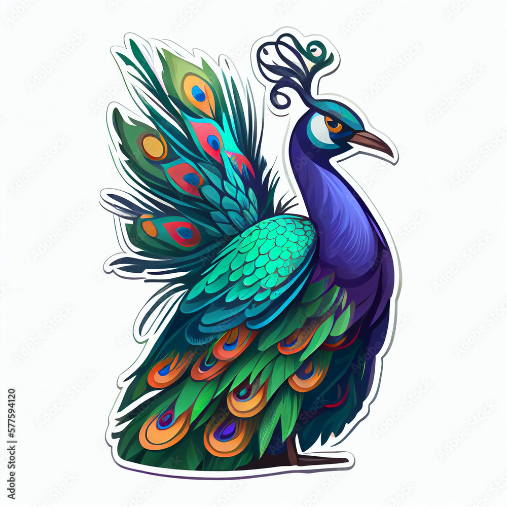 Peacock with colorful feathers cute sticker, created with Generative AI technology Peacock with colorful feathers cute sticker, created with Generative AI technology