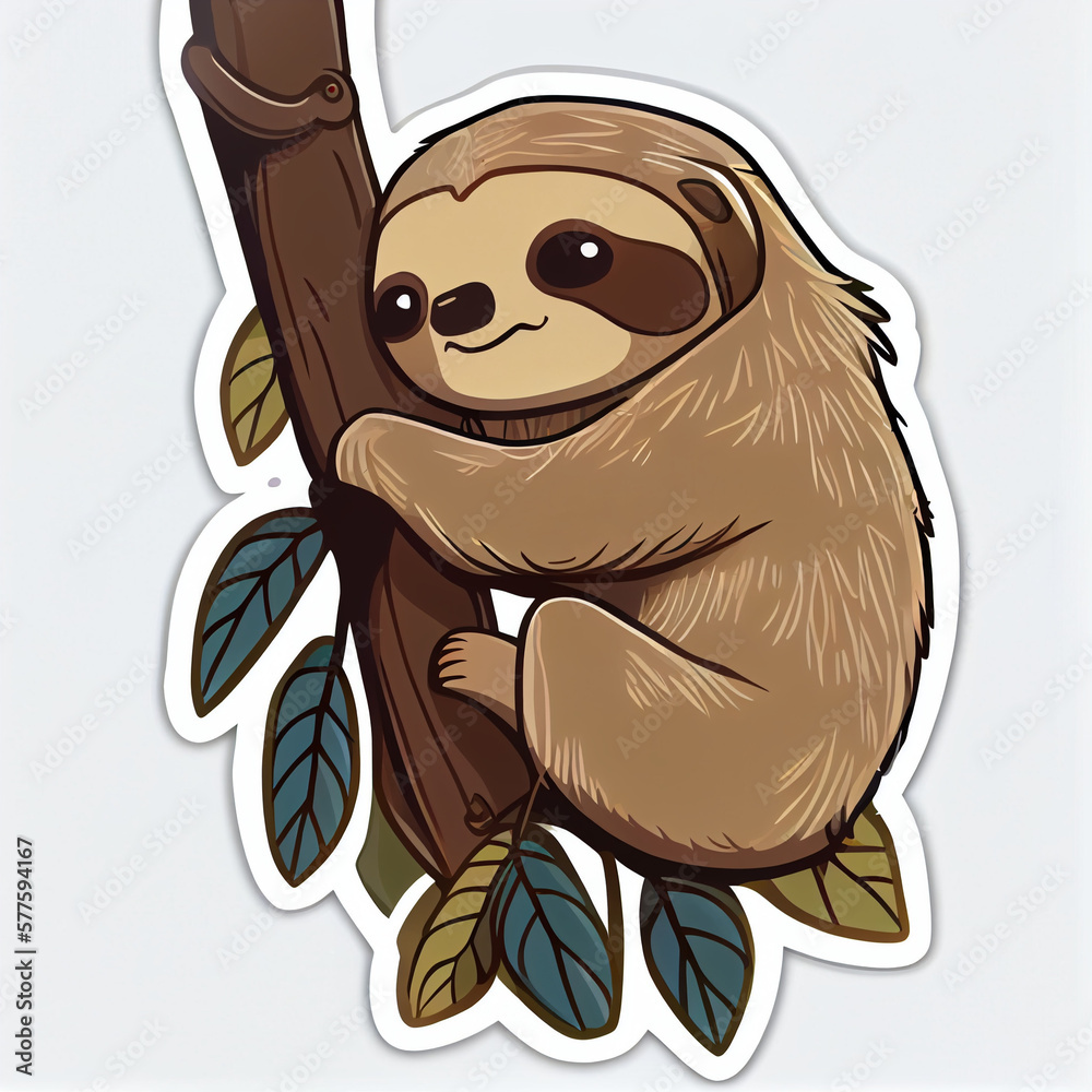 Obraz premium Sloth hanging from a tree cute sticker, created with Generative AI technology
