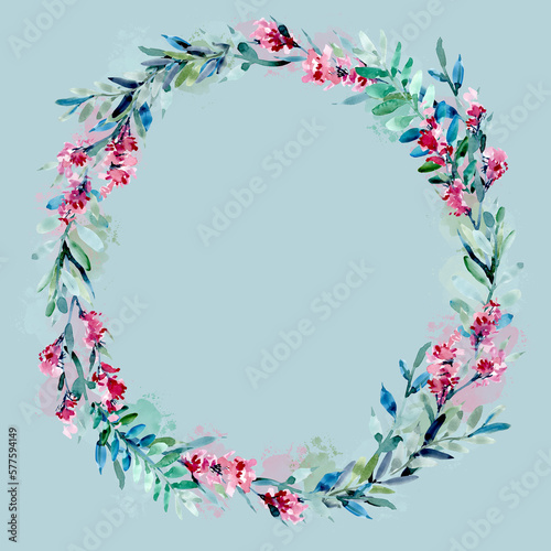 Fototapeta Naklejka Na Ścianę i Meble -  A wreath of watercolor pink flowers on a blue background. Round floral text frame. Wedding background wreath of flower buds and leaves