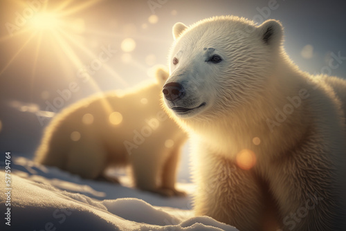 Polar bear at antarctica on sunset sky abstract background. Animal and nature environment concept. Generative ai © tonktiti