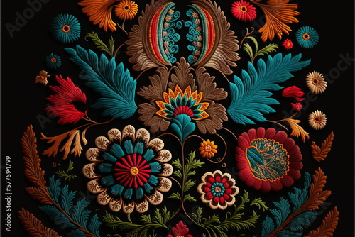 Traditional Mexican embroidery with wondrous textile featuring symmetric intricate patterns of seamless colorful floral and flowers as decorative artwork by Generative AI.
