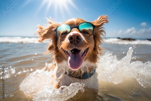 Fototapeta cute happy dog wearing sunglasses having fun with water on the beach, generative