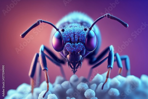 extreme ant macro photography on blue and purple background, generative ai
