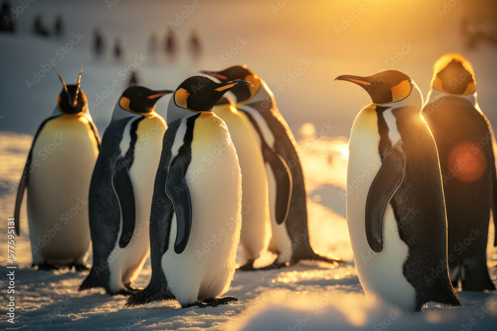 Obraz premium Penguins at antarctica on sunset sky abstract background. Animal and nature environment concept. Generative ai