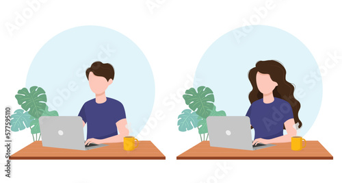 A man and a woman work on a computer, on a laptop in the office or at home. Freelancer or student. Home office concept. Vector illustration in a flat cartoon style.