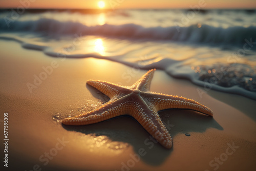 Starfish on sand beach and wave ocean with sunset sky abstract background. Generative ai