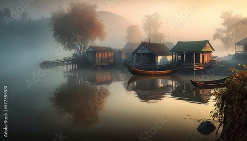 A serene river landscape view at dawn with misty foliage, fishing boats and village huts in early morning. Generated by AI. photo