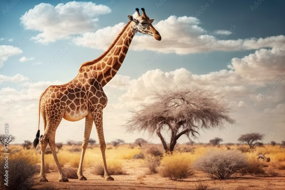 Giraffe at savanna on sunset sky abstract background. Animal and nature environment concept. Generative ai Giraffe at savanna on sunset sky abstract background. Animal and nature environment concept. Generative ai