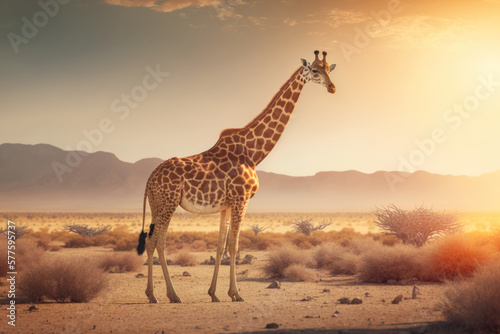 Giraffe at savanna on sunset sky abstract background. Animal and nature environment concept. Generative ai