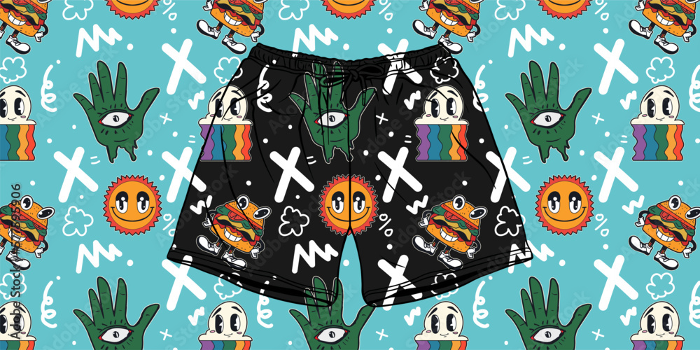 Flat 90s retro pattern mockup for beach pants. Flat 90s retro pattern mockup for beach pants.