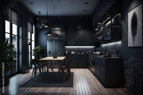 Modern kitchen features  artificial light  wooden floors for luxury apartments generative AI tools.