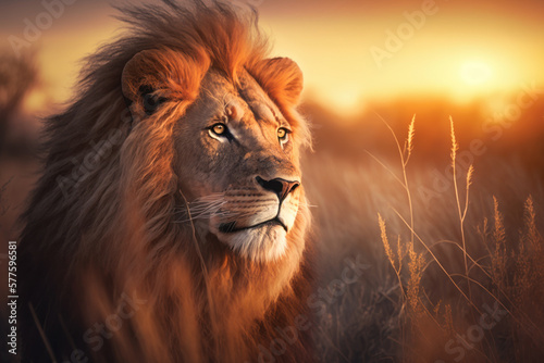 Lion at savanna on sunset sky abstract background. Animal and nature environment concept. Generative ai © tonktiti