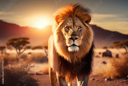 Lion at savanna on sunset sky abstract background. Animal and nature environment concept. Generative ai