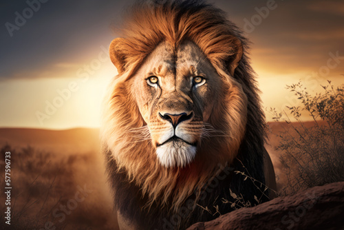 Lion at savanna on sunset sky abstract background. Animal and nature environment concept. Generative ai