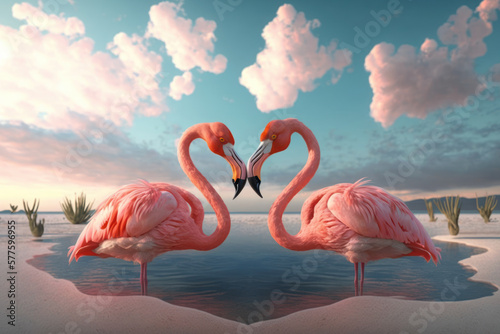 Couple flamingos neck heart shape on tropical beach abstract background. Love and nature concept. Generative ai