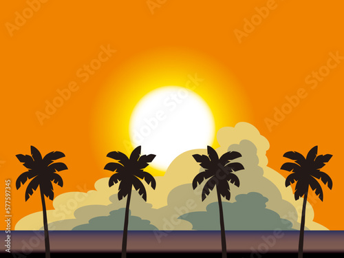海、夕日、雲、やし1