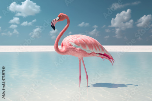 Flamingo walking on tropical beach with blue sky white clouds abstract background. Nature environment and animal concept. Generative ai