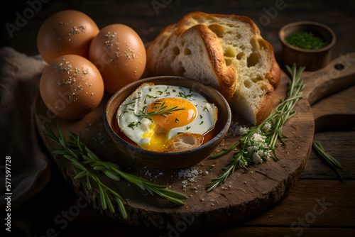 Homemade and hot fried eggs served with chive and roll made with Generative AI
