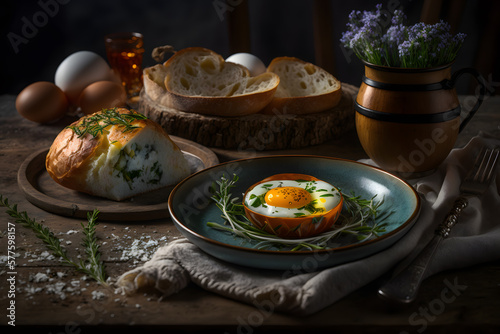 Homemade and hot fried eggs served with chive and roll made with Generative AI