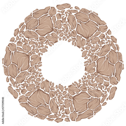 Vector round frame of dray clay stones and copy space. Earthquake danger. Circle clipart smashed earthy rocks with cracks