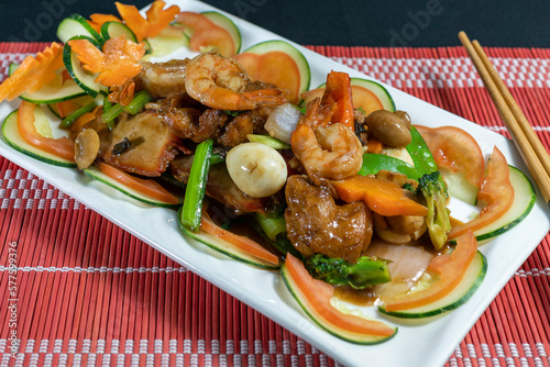 Taypa, Peruvian Chinese food, pork, prawns and vegetables photo