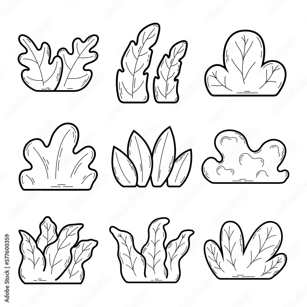 Fototapeta premium Set of Bushes in Outline Style
