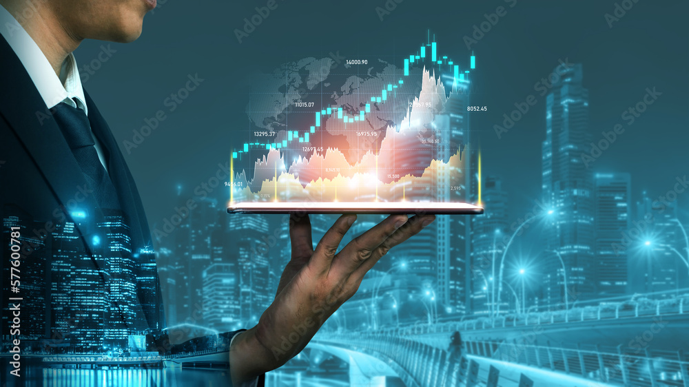 Businessman analyst working with digital finance business data graph showing technology of investment strategy for perceptive financial business decision. Digital economic analysis technology concept. - obrazy, fototapety, plakaty 
