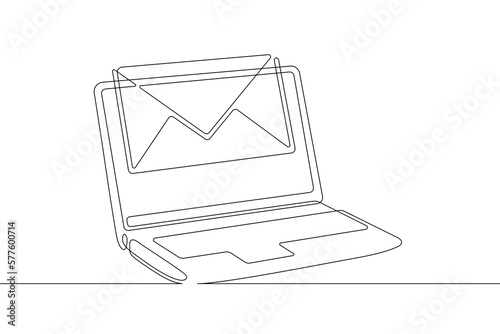 One continuous line. Letter on laptop screen.Open laptop.Email. Mail. Letter in an envelope. One continuous line drawn isolated, white background.