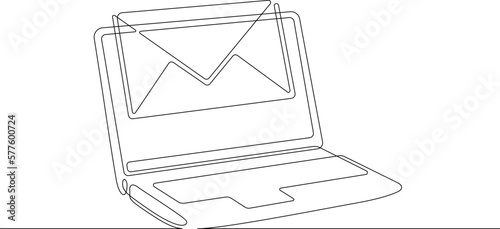 One continuous line. Letter on laptop screen.Open laptop.Email. Mail. Letter in an envelope. One continuous line drawn isolated, white background.