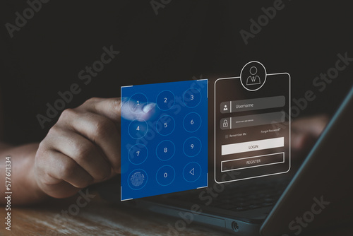 Business people enter a pin code to access the virtual screen security system. User authentication system with username and password, global network security technology, cyber security concept.