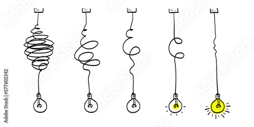 Doodle lightbulbs idea icon. simplifying the complex, confusion clarity or path vector idea concept with lightbulbs. vector illustration