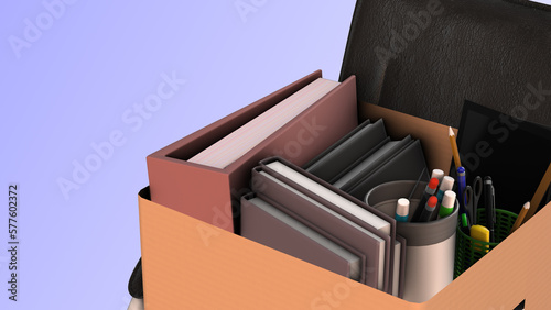 Fired from job. Business chair with box with office things