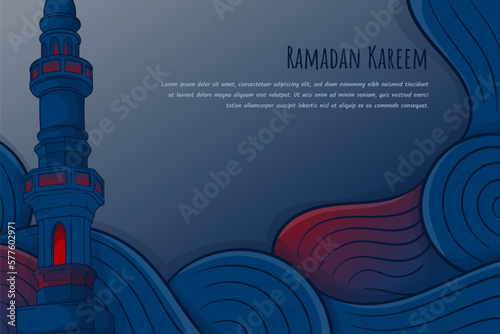 Blue red background with mosque minaret in cartoon design for ramadan kareem template