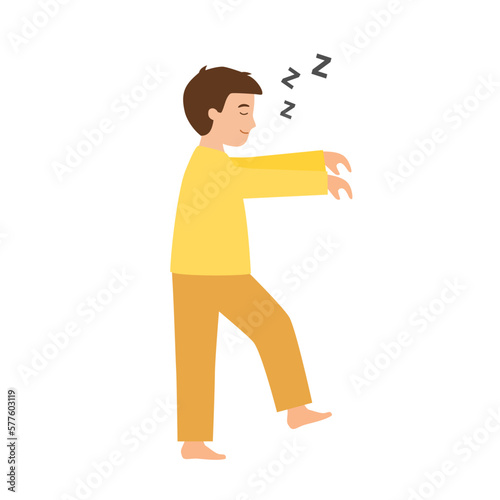 Boy kids sleepwalking at night in flat design.