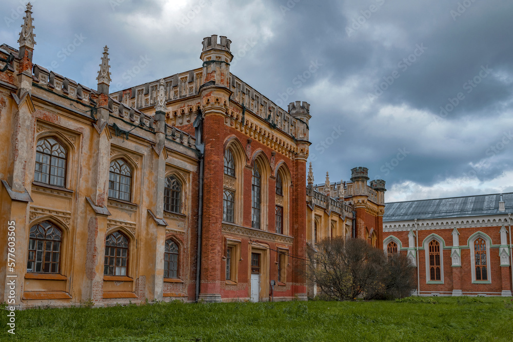 Complex of old gothic imperial stables on a gloomy october day. Saint Petersburg