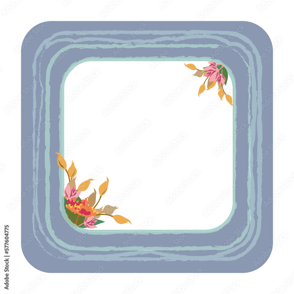 Picturesque graceful frame with flower, twig, leave. Multilayer vector watercolor decorated photo frame.