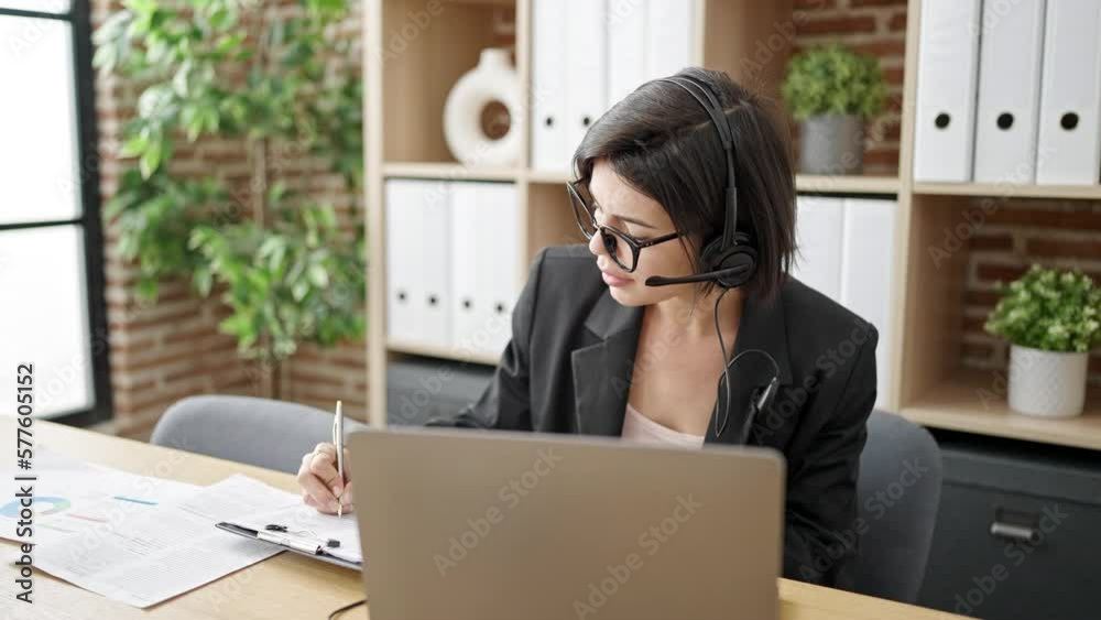 Young caucasian woman call center agent smiling confident working at office Young caucasian woman call center agent smiling confident working at office