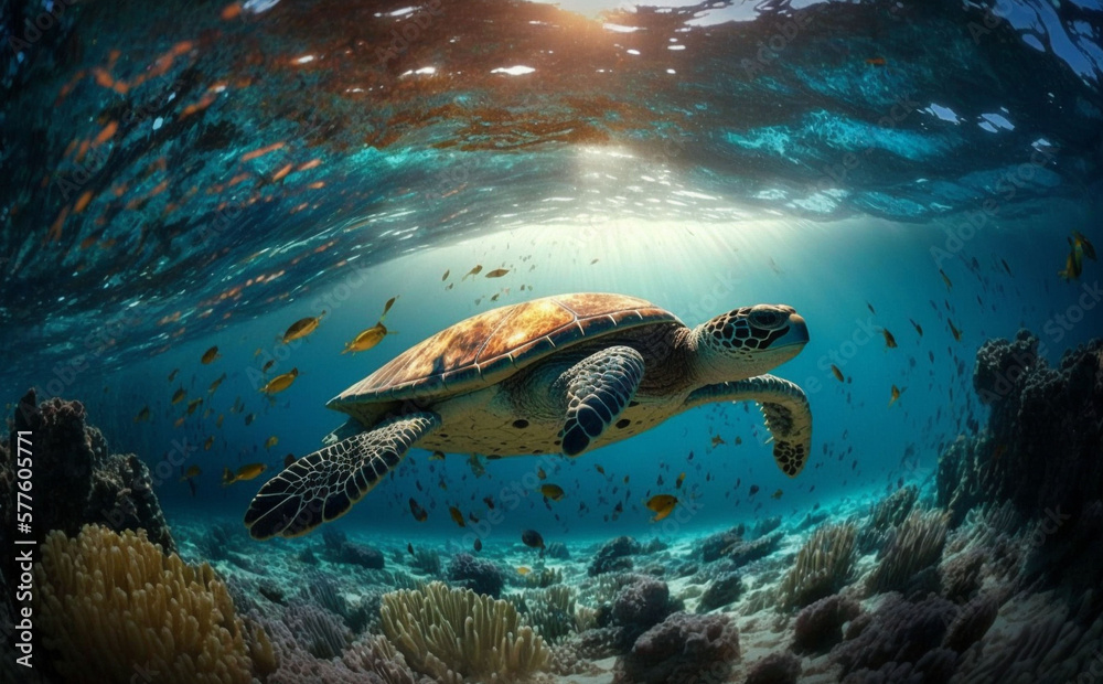 turtle swims underwater in the sea, against the backdrop of beautiful nature, summer day, generative ai