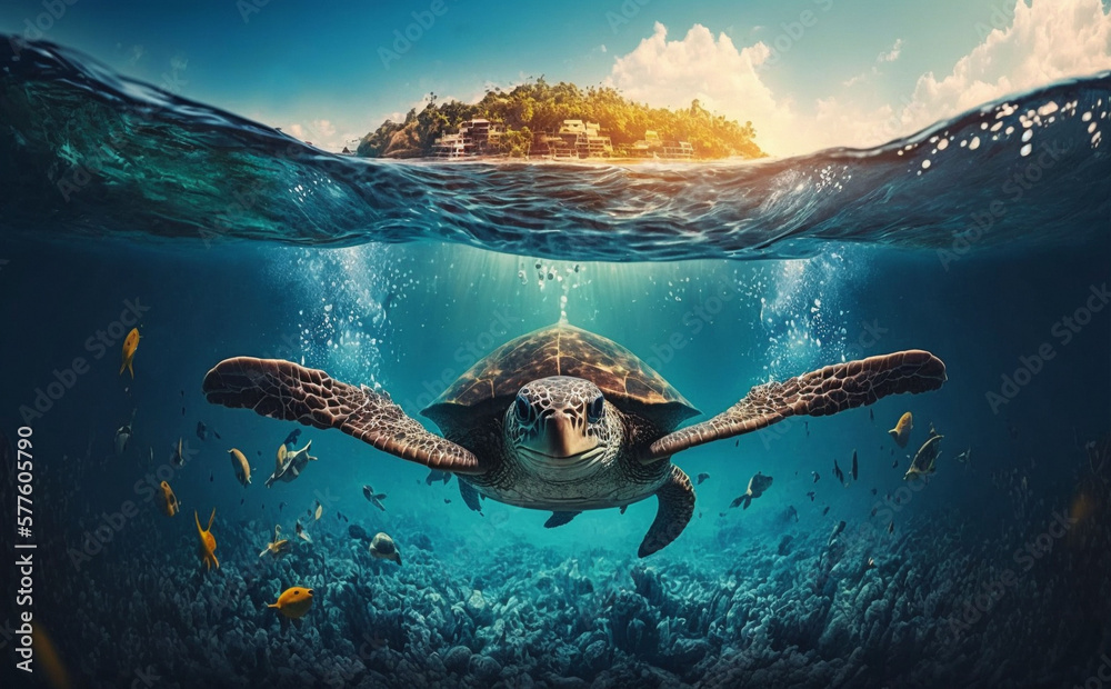 turtle swims underwater in the sea, against the backdrop of beautiful nature, summer day, generative ai - obrazy, fototapety, plakaty 