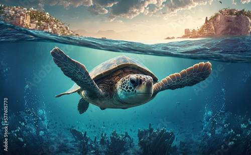 Foto turtle swims underwater in the sea, against the backdrop of beautiful nature, su