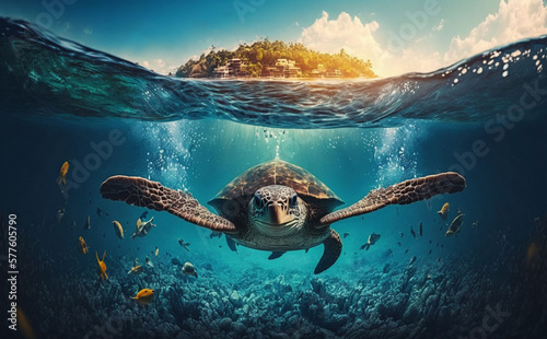 turtle swims underwater in the sea, against the backdrop of beautiful nature, summer day, generative ai photo